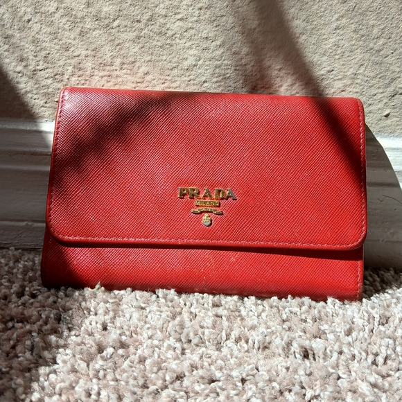 Prada Handbags - PRADA Red Saffiano Leather Trifold Continental Wallet